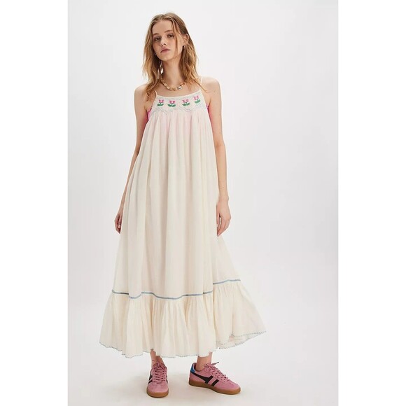 Free People Tip Toeing Tulip Midi Dress Embroidered Smocked Flowy XS NEW  281223 Midi